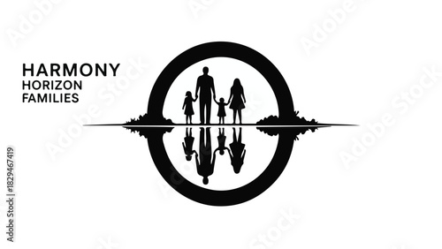 Silhouette of a loving family holding hands within a circular horizon, symbolizing unity and connection.
