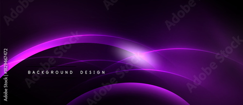 Dark purple background features glowing curved lines. Bright light radiates from center, creating dynamic visual effect. Modern design element.