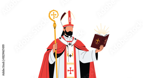 A bishop in ceremonial robes holding a staff and an open illuminated book.