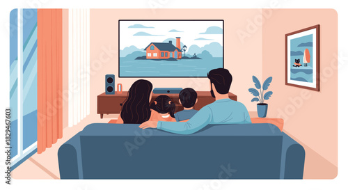 Family enjoying a movie together on the couch in a modern living room.