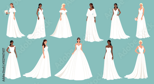 Diverse group of women in various white wedding dresses, showcasing different styles and body types.