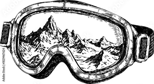 Vintage ski goggles illustration featuring mountain scenery. Line drawing capturing a winter landscape in a detailed vector set.