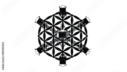 Intricate geometric pattern with radiating hexagonal shapes and illuminated central square