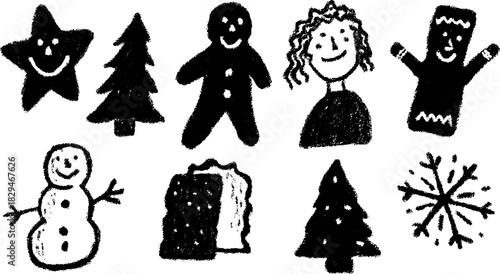 Holiday-themed vector illustration set featuring hand-drawn icons: snowman, tree, star, gingerbread, and snowflake. Whimsical black and white design.