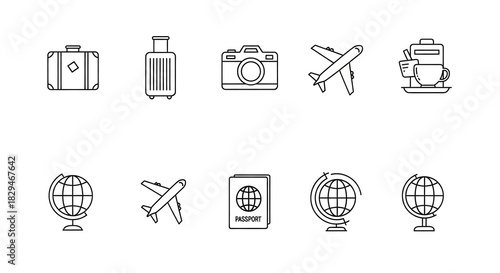 Travel Icons: A collection of simple, elegant outline icons related to travel, including a suitcase, camera, airplane, passport, and globe, set against a neutral background.