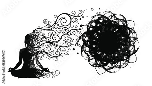 Silhouette of person meditating, with creative energy flowing outwards in ornate patterns.
