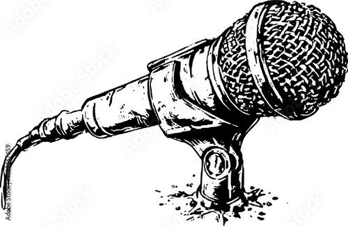 Vintage microphone line drawing. Detailed black and white vector illustration of audio equipment set.