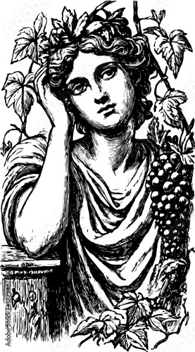 Classical statue in a garden setting. Detailed illustration of a human bust adorned with vines and grapes, showcasing vintage artistry in a black and white vector.