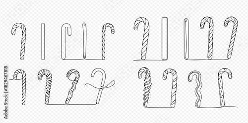 Set of hand-drawn candy canes in continuous line art style, featuring striped and plain designs for Christmas and holiday decorations.