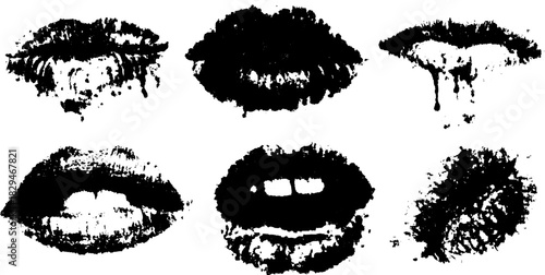Lips in black vector illustration. A monochrome set showcasing various lip designs with textures and styles for artistic use.