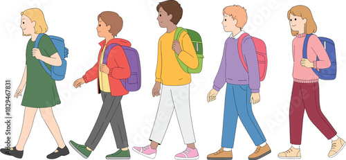 Illustration of school children walking with backpacks, student group cartoon, education concept artwork, diverse kids going to class in colorful outfits