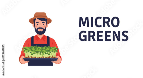 Farmer proudly holding a tray of fresh microgreens with the word MICRO GREENS on the right.