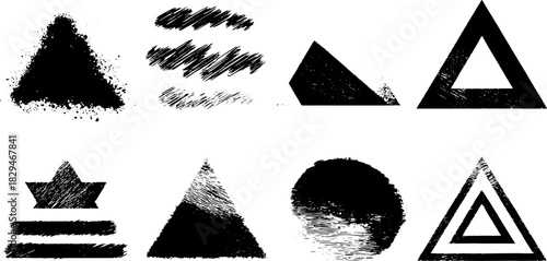 Triangle shape set in black grunge style. Handdrawn vector illustration with rough texture and abstract design.