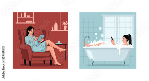 Young woman relaxing with tablet in armchair and another woman in bubble bath with phone.