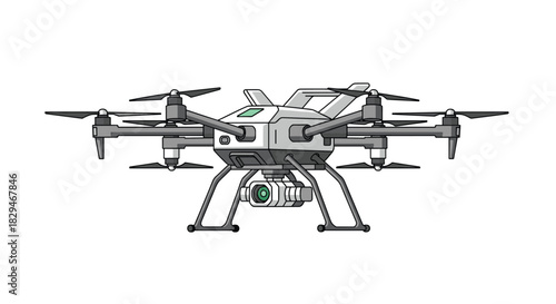 Detailed illustration of a white drone with four propellers and a camera attached, isolated on a white background.