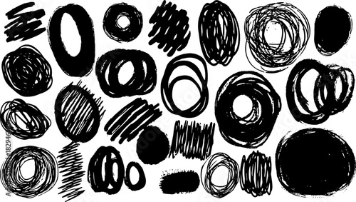 Black stroke shapes and scribbles in various styles. This set features abstract elements, ideal for use in vector illustrations.