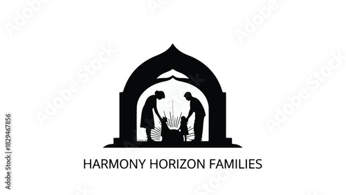 Family silhouette embracing under an arched structure, representing unity and togetherness.