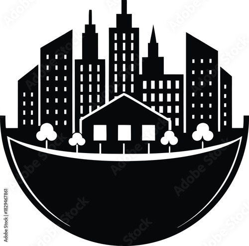 Modern green city icon with urban elements and sustainability symbols