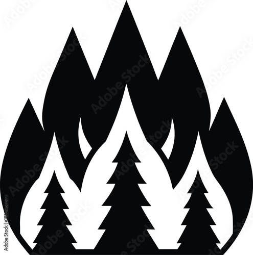 Forest fire danger warning symbol with flames and smoke