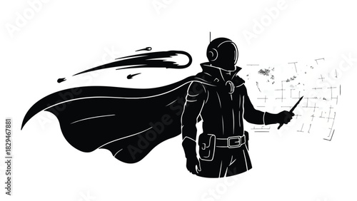 Futuristic hero in a cape directs digital information with a glowing staff against a grid background