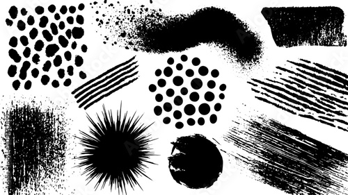 This set of black spray paint textures includes various patterns such as dots and strokes on a white background. This graphic design vector illustrates unique art elements.