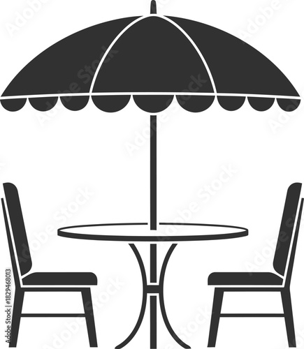 Outdoor cafe table with umbrella and chairs flat design icon