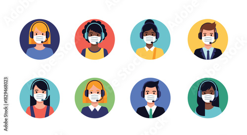 Diverse call center agents wear masks and headsets for customer service and communication.