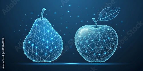 Low Poly Digital Apple and Pear on Tech Background