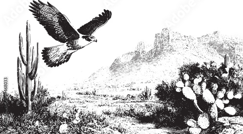 Falcon flying over cactus and desert with mountains in the background. Detailed black and white nature vector illustration.