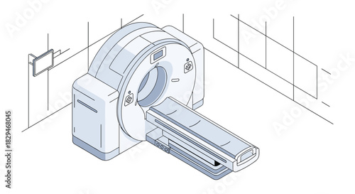 Isometric illustration of a modern CT scanner in a medical room.