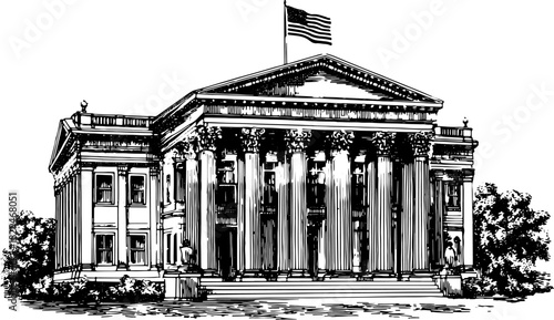 The illustration features a vintage building engraving showcasing classic architecture. This black and white vector artwork highlights strong details and columns in a set design.