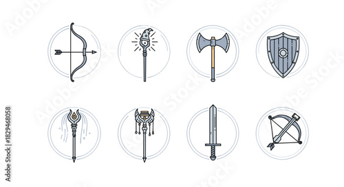 Collection of fantasy weapon and shield icons in a circular frame design;.