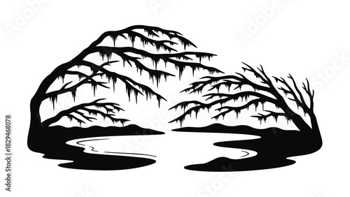 Eerie silhouette of moss-draped trees reflected in dark water