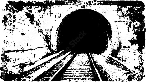 Tunnel engraving with vintage outline style. Detailed illustration of a railway track leading into darkness, vector art illustration.