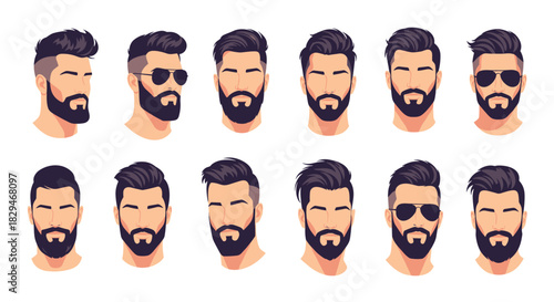 Collection of stylish men's hairstyles and beard styles presented in a grid format.
