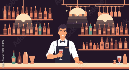 Smiling bartender in an apron holding a glass of red wine at a bar with bottles on shelves.