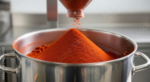 Red chili spice powder being poured into a stainless steel bowl