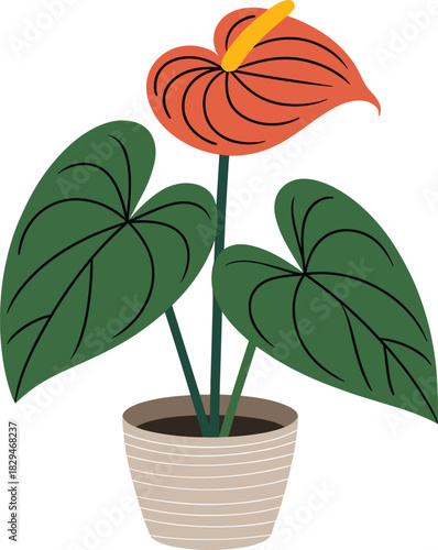 Elegant illustrated anthurium plant in decorative pot, vibrant tropical foliage artwork, botanical home decor design for nature themed creative projects