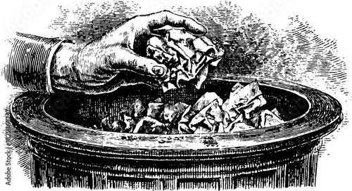 Hand holding crumpled paper scraps over a bowl. Vintage black and white illustration with a detailed texture. This classic artwork is a vector design set.