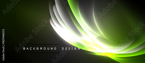 Abstract neon lines create dynamic flow. Bright green, yellow hues contrast dark background. Modern design element.