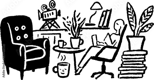 A cozy room featuring a chair, table, and plant. Hand-drawn black and white vector illustration for interior design inspiration.