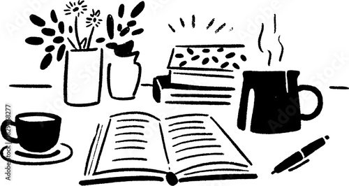 Coffee cup, open book, and flower vase in a hand-drawn black and white vector illustration. Simple design for a cozy workspace set.