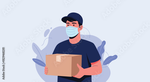 Delivery person wearing a mask carries a package, illustrating safe delivery services during a pandemic.