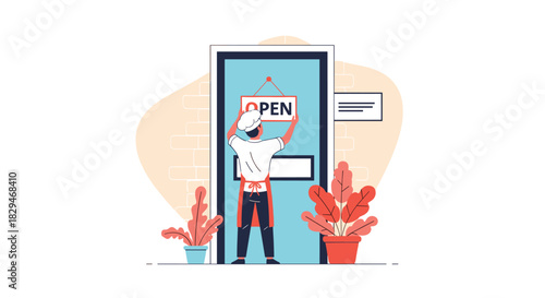 A chef hangs an open sign on a blue door, ready to welcome customers to their establishment.