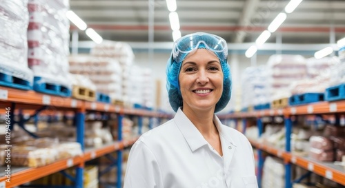 Smiling food factory worker in uniform posing with positive expression