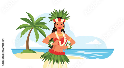 A hula dancer performs on a tropical beach with palm trees and the ocean in the background.