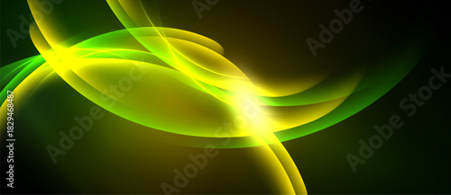 Abstract design features vibrant yellow, green curves. Light radiates from central point, creating dynamic visual effect. Smooth gradients dominate composition.