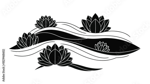 Serene water lilies float gracefully on stylized flowing water