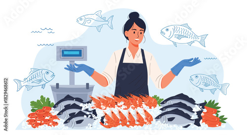 Fishmonger with scales and fresh seafood display, featuring fish and shrimp.