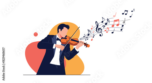 A man in a tuxedo plays the violin with musical notes flowing out.